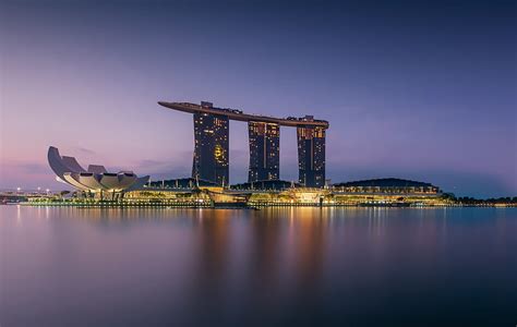 Marina Bay Singapore Modern Architecture Lights Dawn City Hd