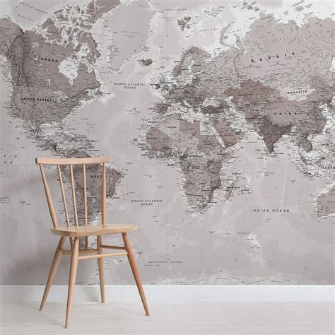 Neutral Color World Map Wallpaper Mural Hovia World Map Wallpaper