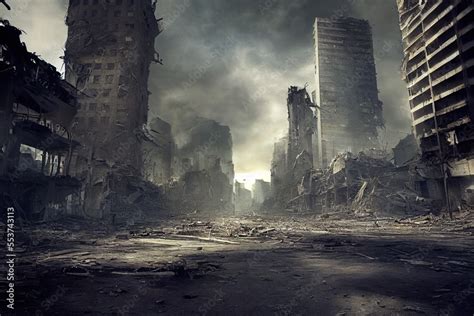 A Post Apocalyptic Ruined City Destroyed Buildings Destroyed Roads