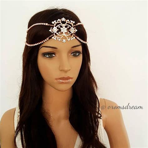 Bohemian Headchain Bridal Headpiece Rose Gold Hair Chain Etsy Rose