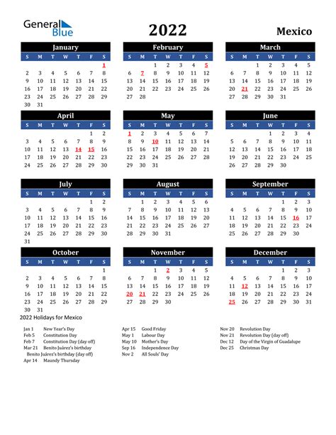 2022 Mexico Calendar With Holidays