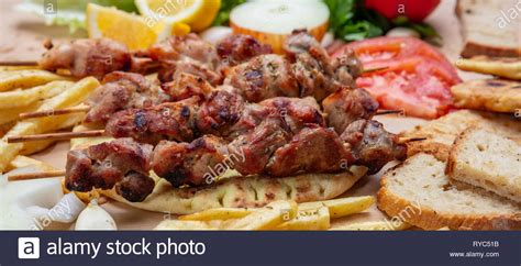 Souvlaki Meat Skewers Traditional Greek Turkish Meat Food On Pita