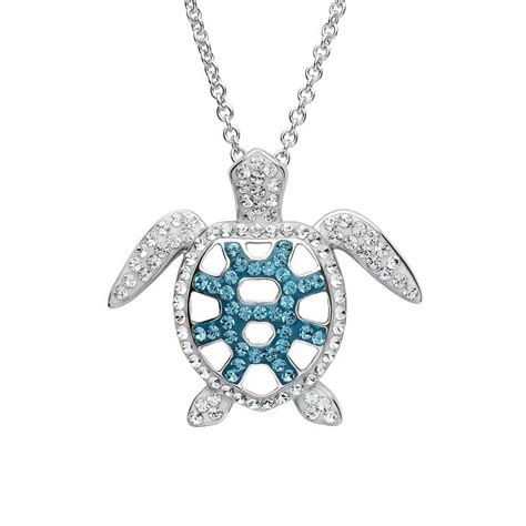 Filigree Turtle Pendant With Teal Crystals Ocean Jewelry