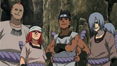 Three Anime Characters Standing Next To Each Other In Front Of A Rock Wall And Trees