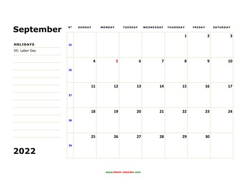 Free Download Printable September 2022 Calendar Large Box Holidays