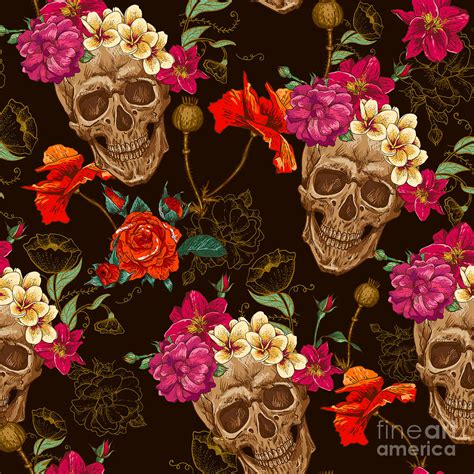 Skull And Flowers Seamless Background Digital Art By Depiano Fine Art