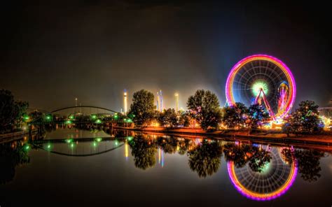 Cityscape River Bridge Lights Reflection Hdr Ferris Wheel