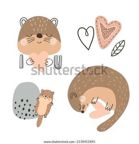 Set Cute Cartoon Otters Heart Love Stock Vector Royalty Free