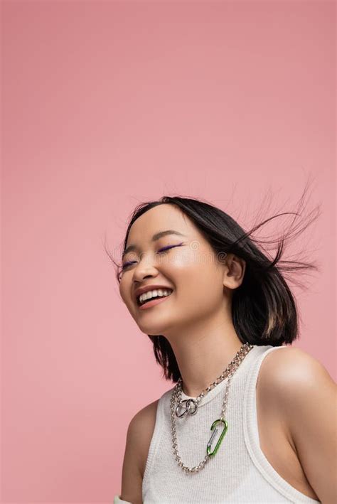 Low Angle View Of Cheerful Asian Stock Image Image Of Smiling Model