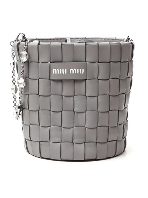 Miu Miu Woven Bucket Bag With Crystals In Grey Modesens
