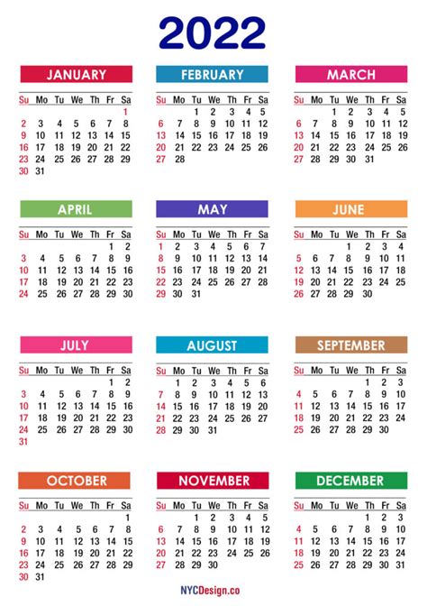 2022 Calendar Printable Free Pdf Colorful Sunday Start Nycdesign