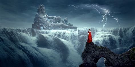 Download Mystical Waterfall Statue Water Lightning Neptune Deity