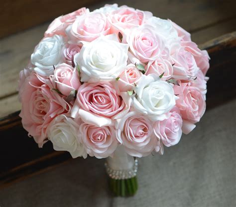 Pink Roses Bouquets Real Touch White Pink Blush Roses Wedding Etsy