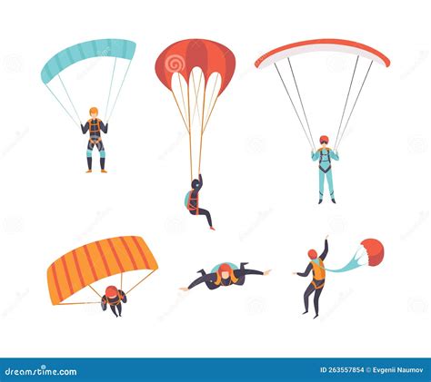 Man Character Skydiving Falling Down With Parachute Vector Set