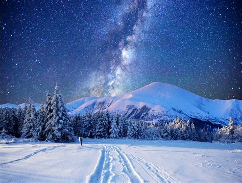 Starry Sky Over Winter Landscape 4k Ultra Hd Wallpaper Background