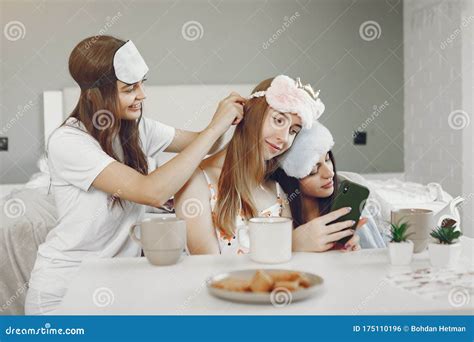 Three Girls Have Pajamas Party At Home Stock Photo Image Of