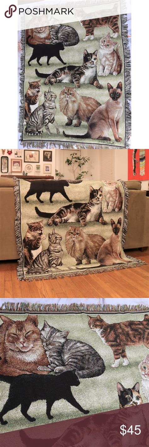 Vintage Woven Tapestry Cat Afghan Throw Blanket Tapestry Weaving
