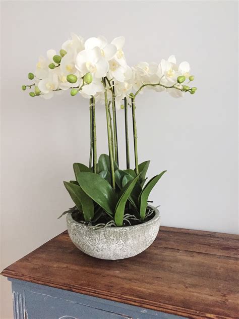 Luxury Faux Orchid Arrangement With Real Touch White Flowers From Artificial Green Set In A