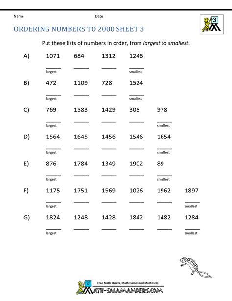 Ordering Numbers Worksheet Grade 3
