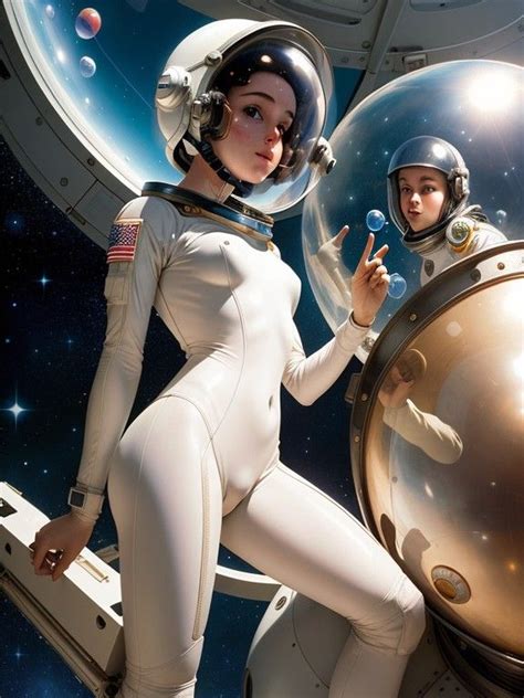 Two Women In Space Suits Standing Next To Each Other