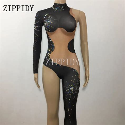 Shining Fireworks Black Jumpsuit Single Leg Crystals One Piece Bodysuit Nightclub Dance Party