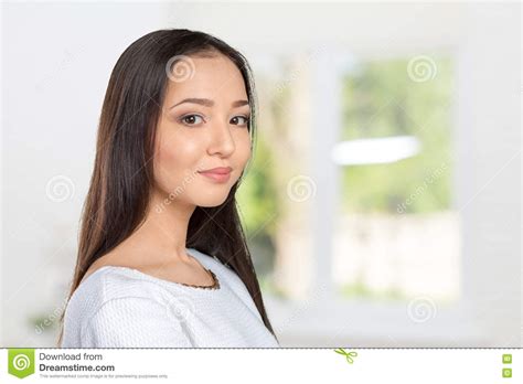 Casual Mixed Race Asian Caucasian Woman Stock Photo Image Of Joyful