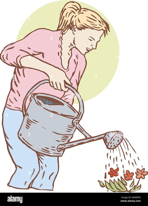 Illustration Of Lady Watering Plants Flowers Done In Retro Style Stock