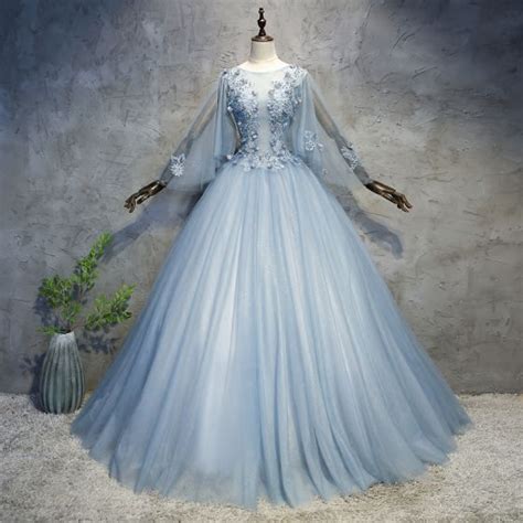 Chic Beautiful Sky Blue Prom Dresses Ball Gown Appliques Pearl