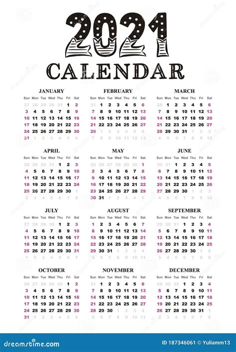 Plantilla De Calendario Anual De 2021 A4 Ilustración Del Vector Ilustración De Carta Pueda