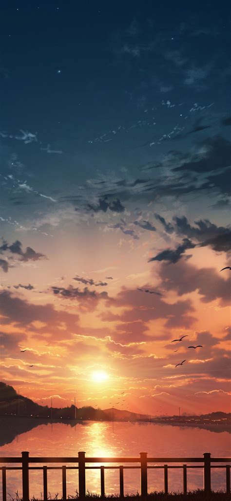 Download 1242x2688 Anime Landscape Sunset Clouds Water Reflection