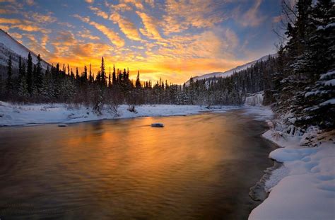 Sunset River Sky Snow Nature Winter Phone Hd Desktop Wallpaper