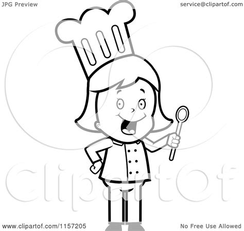 cartoon clipart of a black and white happy chef woman holding a spoon vector outlined coloring