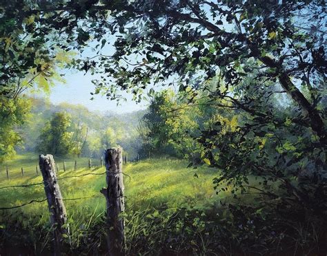 A Painting Of A Grassy Field With Trees And Fence Posts In The