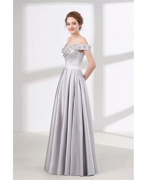 Off The Shoulder Silver Satin Prom Dress With Beading Flowers Ch6609