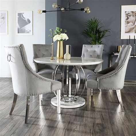 savoy round dining table and 4 imperial chairs white marble effect and chrome grey classic velvet