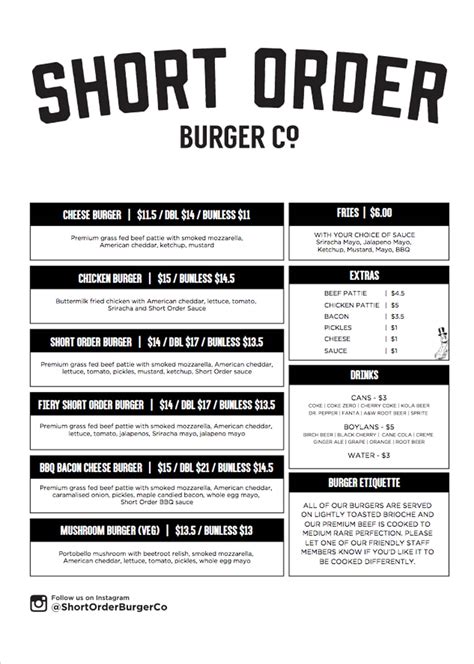 Short Order Burger Co Menu Menu V Reštaurácii Short Order Burger Co Fremantle Perth