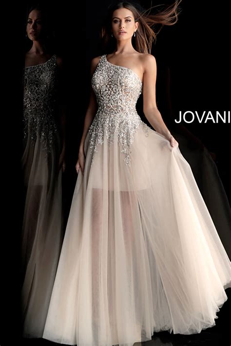 Jovani Nude Long Flowy Sleeveless Crystal Embellished Bodice Prom