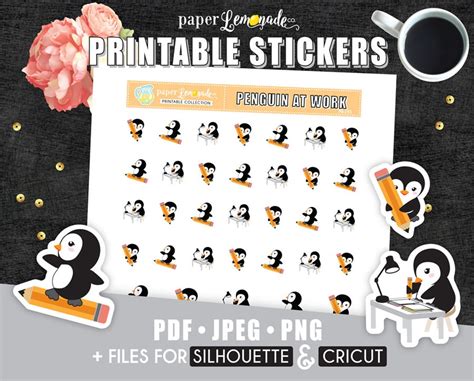 Printable Stickers Penguin At Work Stickers Penguin Doing Homework
