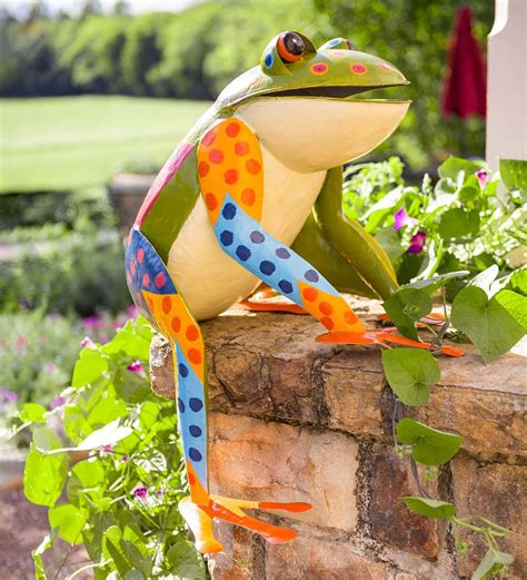 Large Colorful Handcrafted Metal Sitting Frog Garden Sculpture Wind