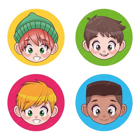 4人の若い異人種間のティーンエイジャーのグループ男の子子供頭キャラクターイラスト プレミアムベクター