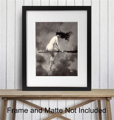 Vintage Goth Home Decor Nude Naked Witch On Broomstick Wall Art