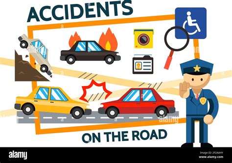 Flat Road Accidents Composition With Car Crash Falling And Burning