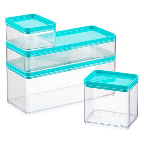 Stackable Rectangle Clear Containers With Teal Lids The Container Store