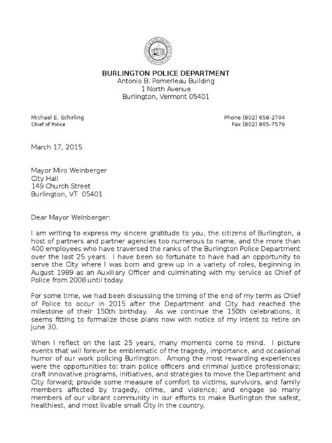 Burlington Police Chief Schirling Retirement Letter Misconduct