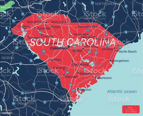 South Carolina State Detailed Editable Map Stock Illustration