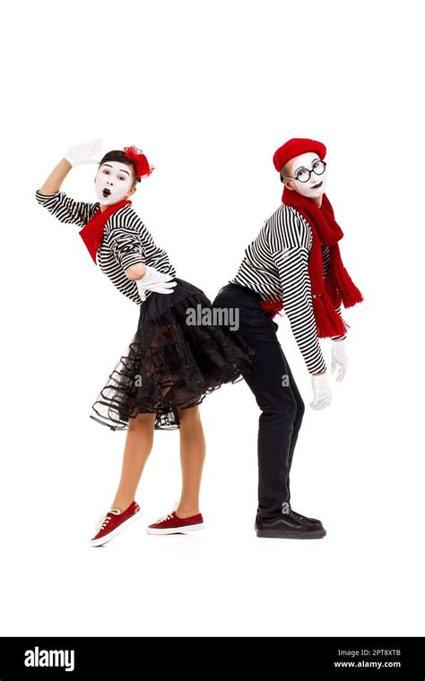 Smiling Mimes In Striped Shirts Man And Woman Dressed As Actors Of