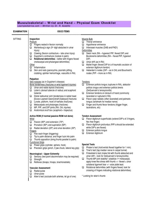Musculoskeletal Wrist And Hand Physical Exam Checklist
