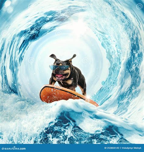 Collage With Cute Funny Bulldog Dog Surfing On Huge Wave In Ocean Or
