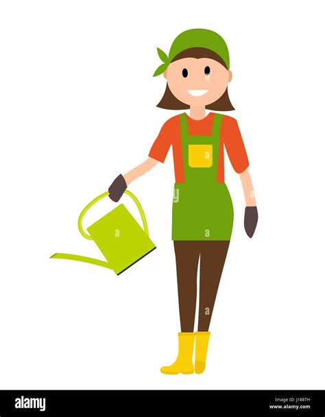 Farmer Gardener Woman With With Watering Can In Modern Flat Styl Stock