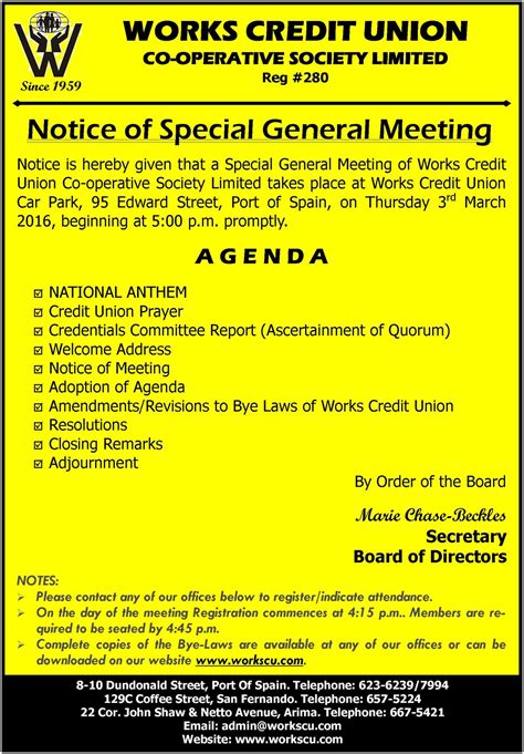 Notice Of Special General Meeting Works Credit Union